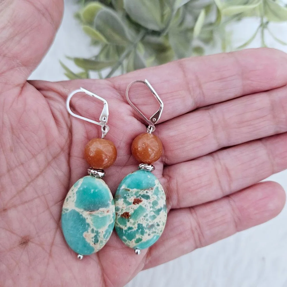 Faux Turquoise Agate Dangle Handmade Earrings - Picture 2 of 3